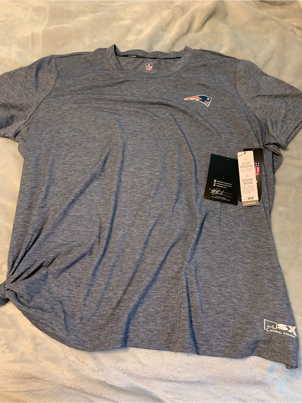 Womans Heather Blue Performance T-Shirt Patriots - Michael Strahsm branded 2xl